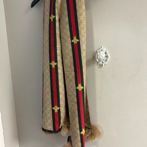 SCC088 Beige GG Bee Red and Green Scarf with Fox POM POMS